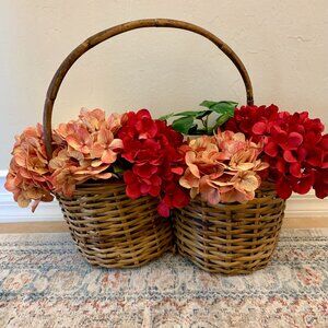 Large Vintage Handmade Wicker Porch Basket Bent Wood Handle Double Plant Holder